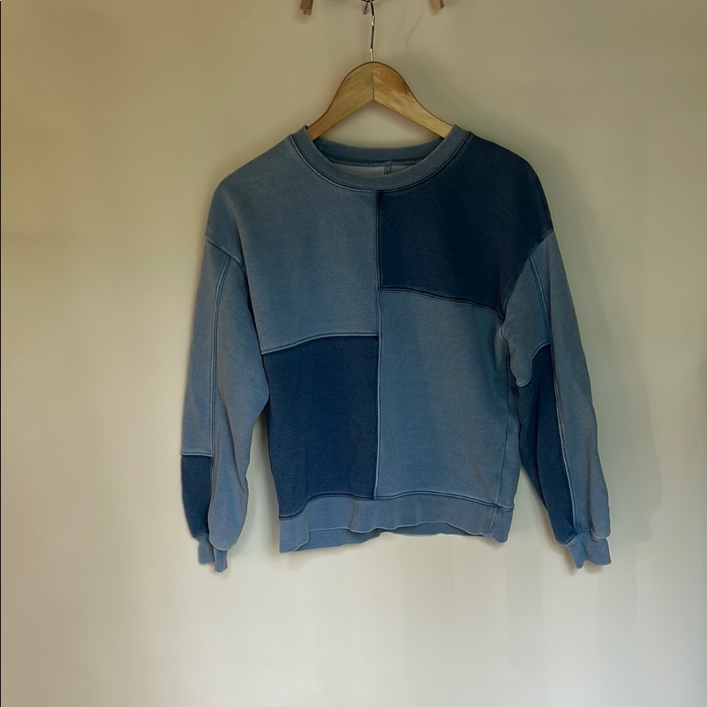 Madewell Blue Crew Neck Patchwork Sweater